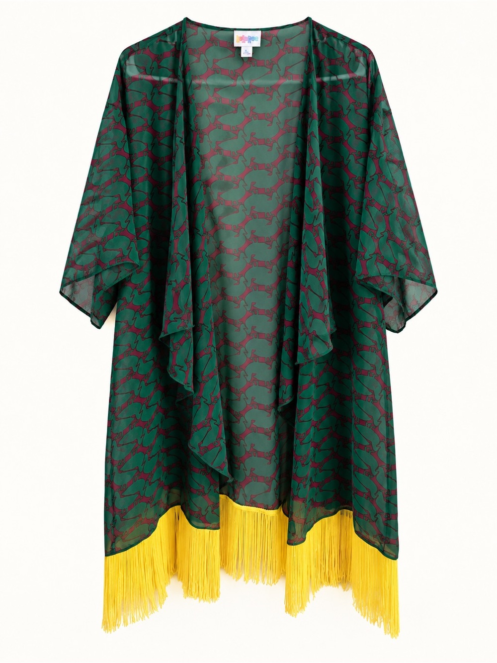 LuLaRoe Green & Burgundy Sheer Fringe Kimono | Size L